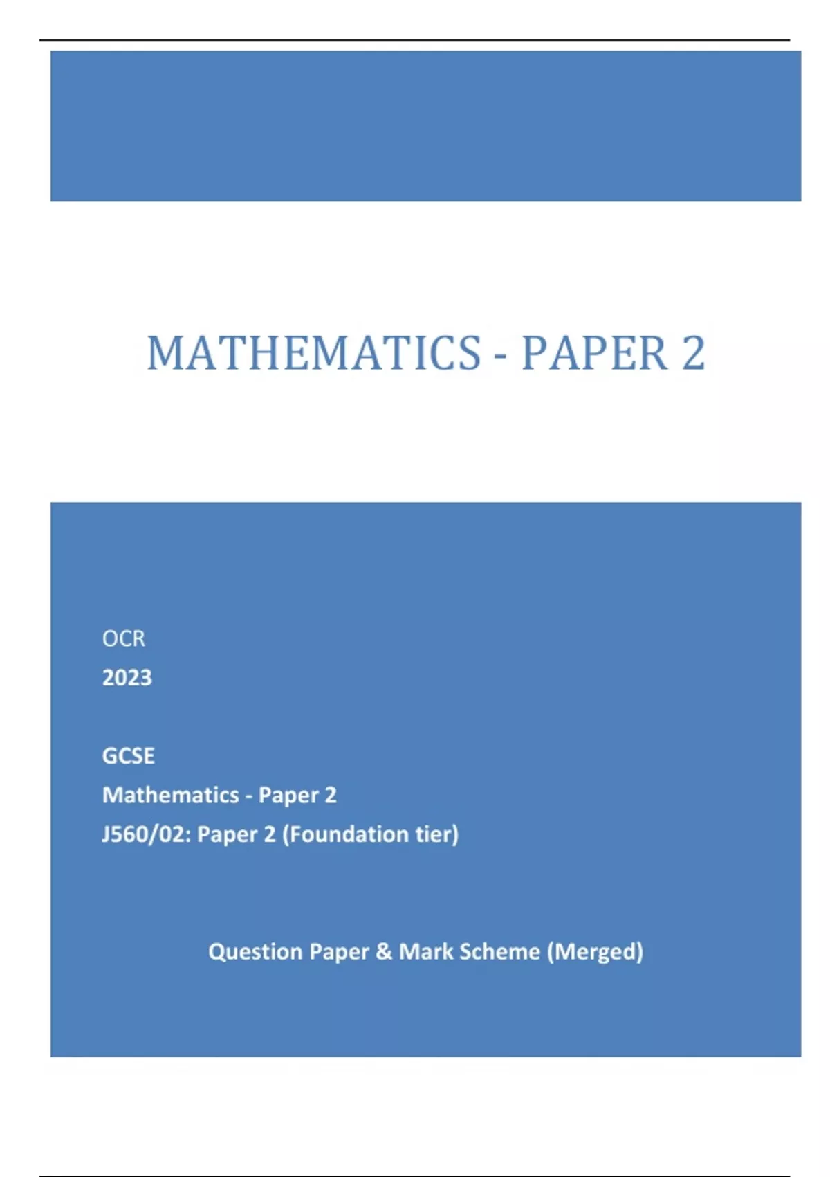 OCR 2023 GCSE Mathematics - Paper 2 J560/02: Paper 2 (Foundation Tier ...