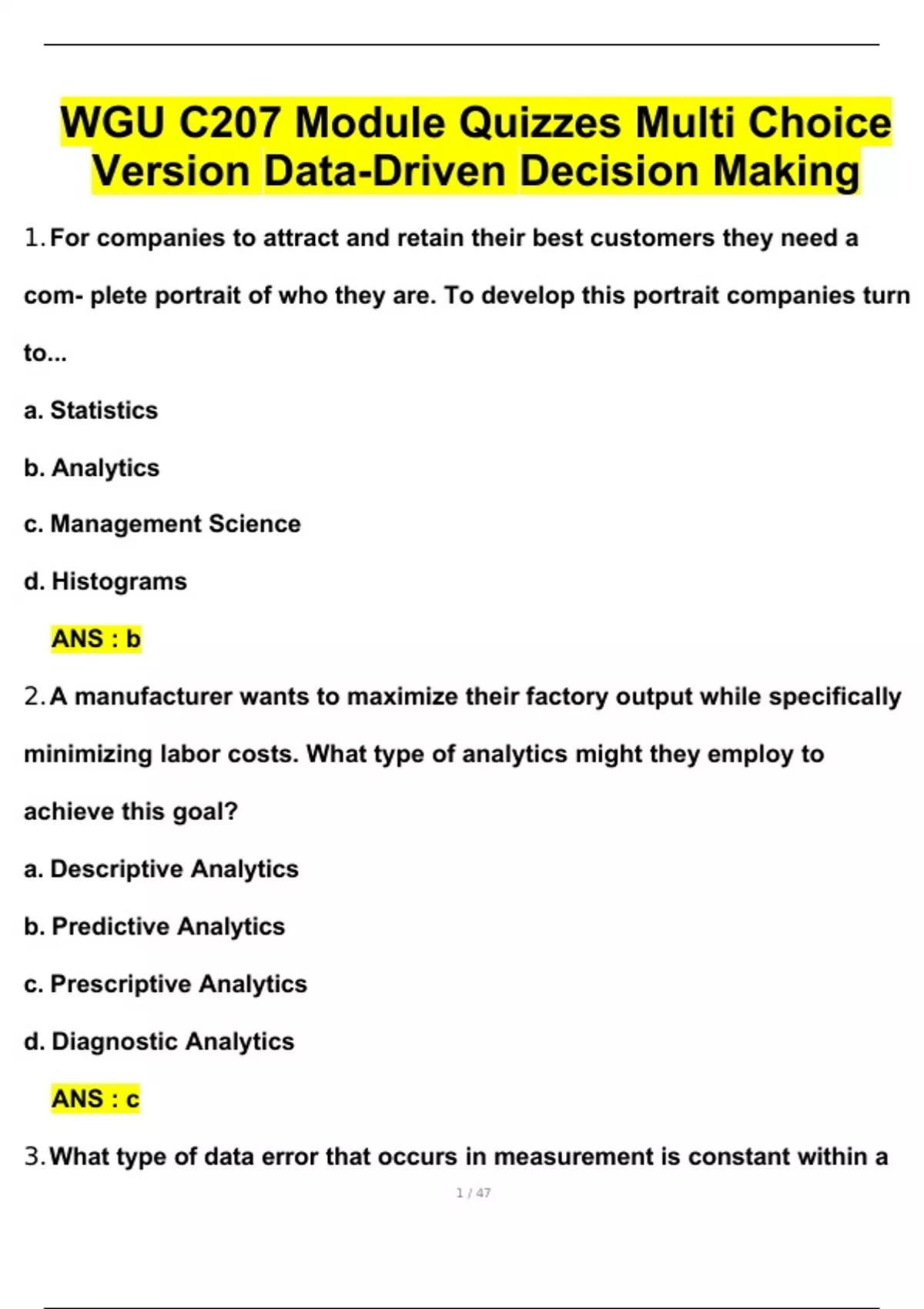 WGU C207 Module Quizzes Multi Choice Version Data-Driven Decision ...