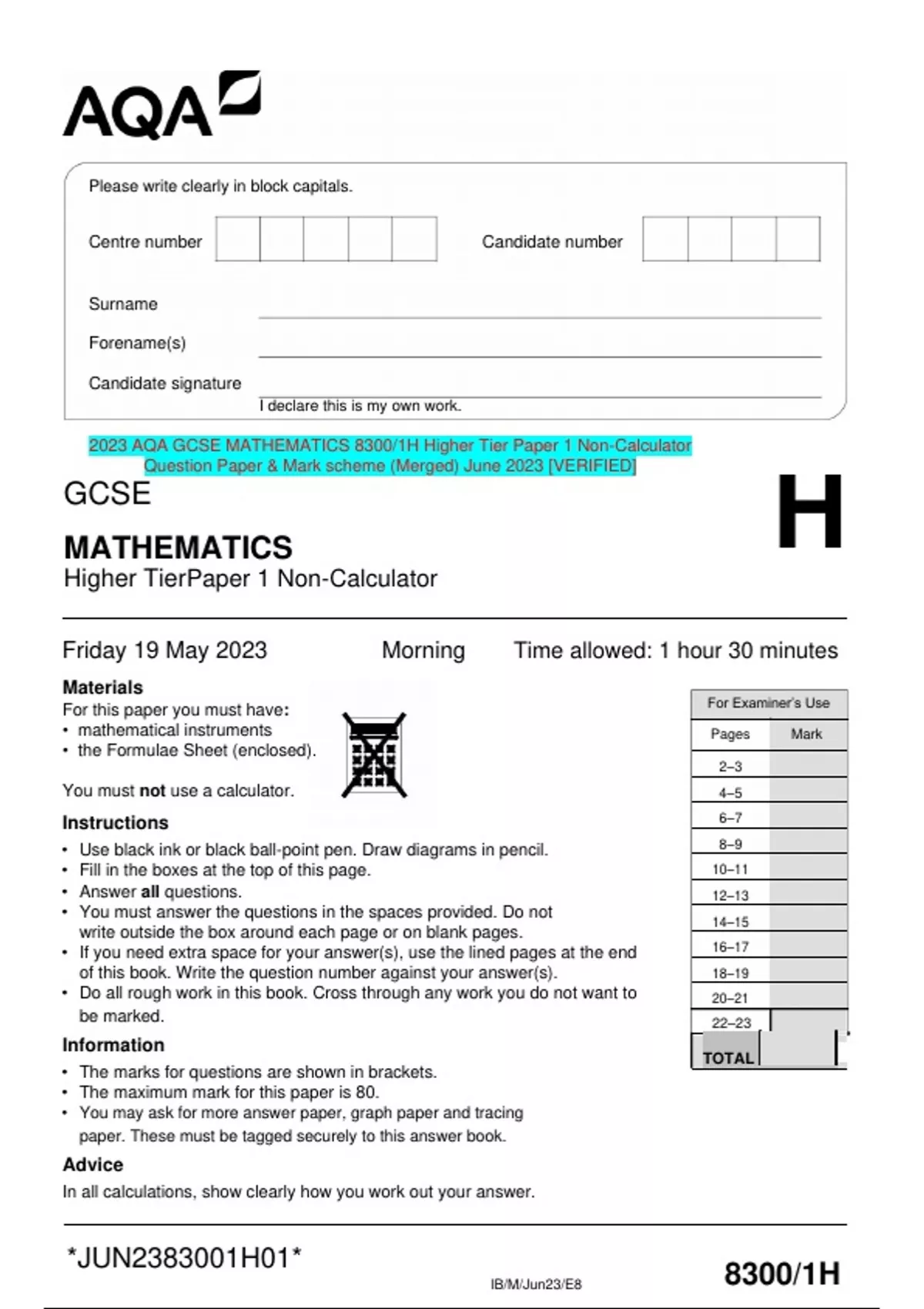 2023 Aqa Gcse Mathematics 83001h Higher Tier Paper 1 Non Calculator Question Paper And Mark 5890