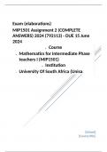  Exam (elaborations) MIP1501 Assignment 2 (COMPLETE ANSWERS) 2024 (792113) - DUE 15 June 2024 •	Course •	Mathematics for Intermediate Phase teachers I (MIP1501) •	Institution •	University Of South Africa (Unisa) MIP1501 Assignment 2 (COMPLETE ANSWERS) 202