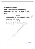Exam (elaborations) MIP1501 Assignment 2 (COMPLETE ANSWERS) 2024 (792113) - DUE 15 June 2024 •	Course •	Mathematics for Intermediate Phase teachers I (MIP1501) •	Institution •	University Of South Africa (Unisa) MIP1501 Assignment 2 (COMPLETE ANSWERS) 2024