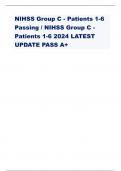 NIHSS Group C - Patients 1-6  Passing / NIHSS Group C - Patients 1-6 2024 LATEST  UPDATE PASS A+ Patient 1 - ANSWER-1a. 0 - alert. 1b. 2 - neither correct. 1c. 1 - preforms one task correctly. 2. 0 - normal. 3. 2 - severe. 4. 1- minor paralysis. 5a. 0 - n