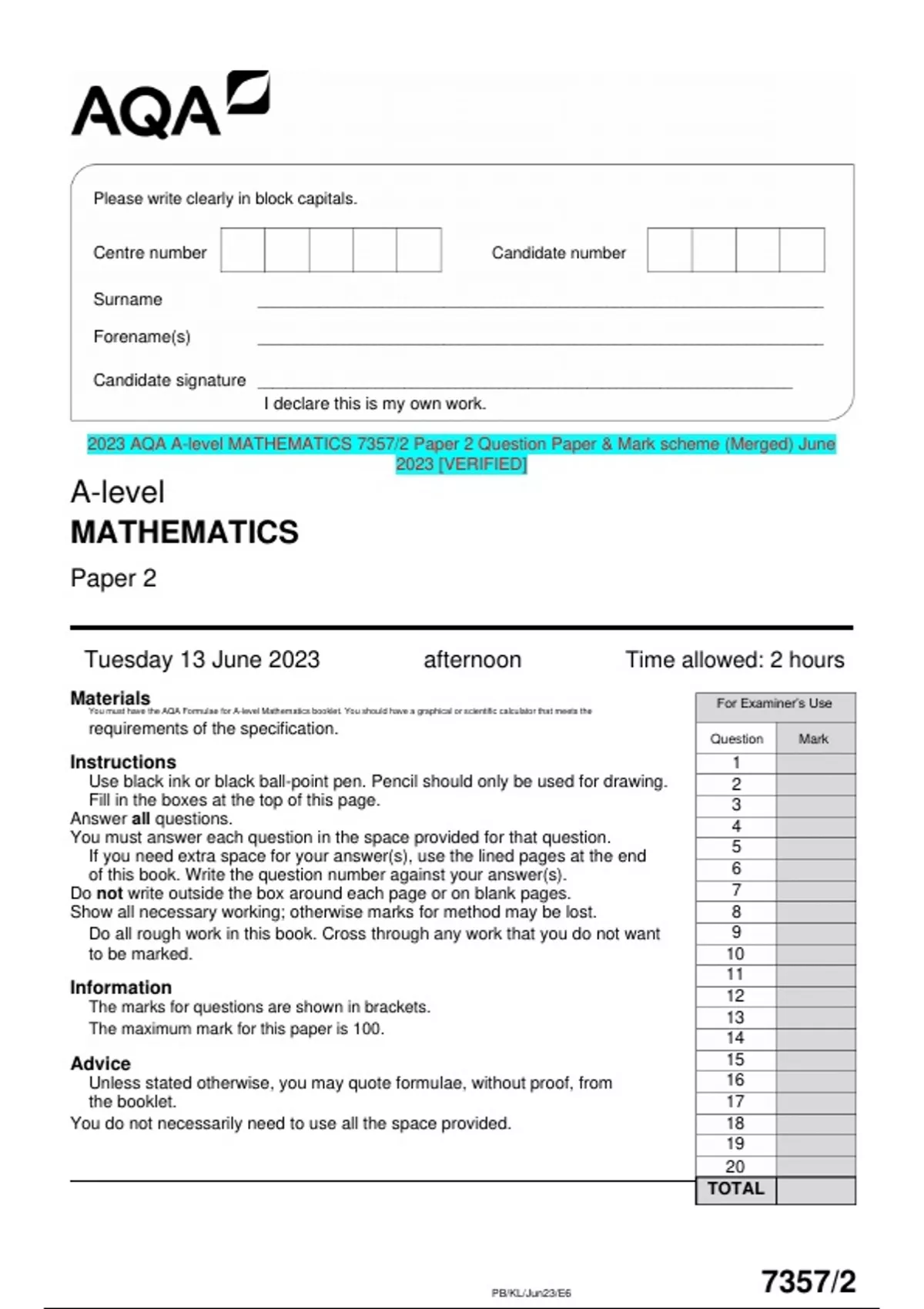 2023 AQA A-level MATHEMATICS 7357/2 Paper 2 Question Paper & Mark ...