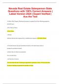 Nevada Real Estate Salesperson State Questions with 100% Correct Answers | Latest Version 2024 | Expert Verified | Ace the Test