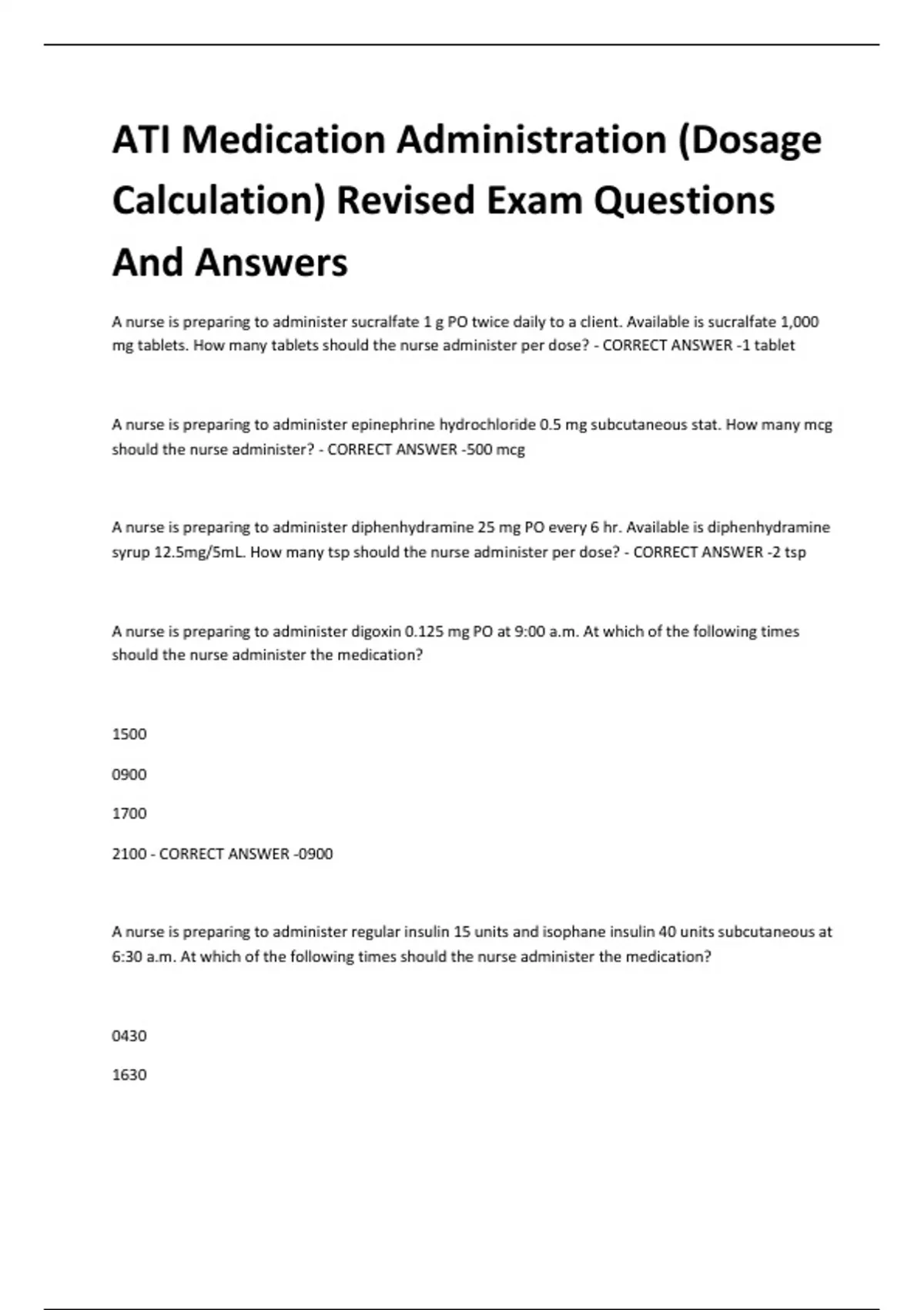 Ati Medication Administration Dosage Calculation Revised Exam Questions And Answers Ati