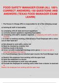 FOOD SAFETY MANAGER EXAM (ALL 100% CORRECT ANSWERS) 150 QUESTIONS AND ANSWERS FOOD MANAGER EXAM (ALL 100% CORRECT  ANSWERS)  QUESTIONS AND ANSWERS  (TEXAS FOOD MANAGER EXAM LEARN FOOD MANAGER EXAM (ALL 100% CORRECT  ANSWERS) 
