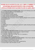 FOOD SAFETY MANAGER EXAM /LIMITED FOOD MANAGER CERTIFICATION CERTIFICATION EXAM 150 QUESTIONS WITH ANSWERS(ALL 100% CORRECT ANSWERS) 150 QUESTIONS AND ANSWERS FOOD MANAGER EXAM (ALL 100% CORRECT ANSWERS) QUESTIONS AND ANSWERS (TEXAS FOOD MANAGER EXAM LEAR