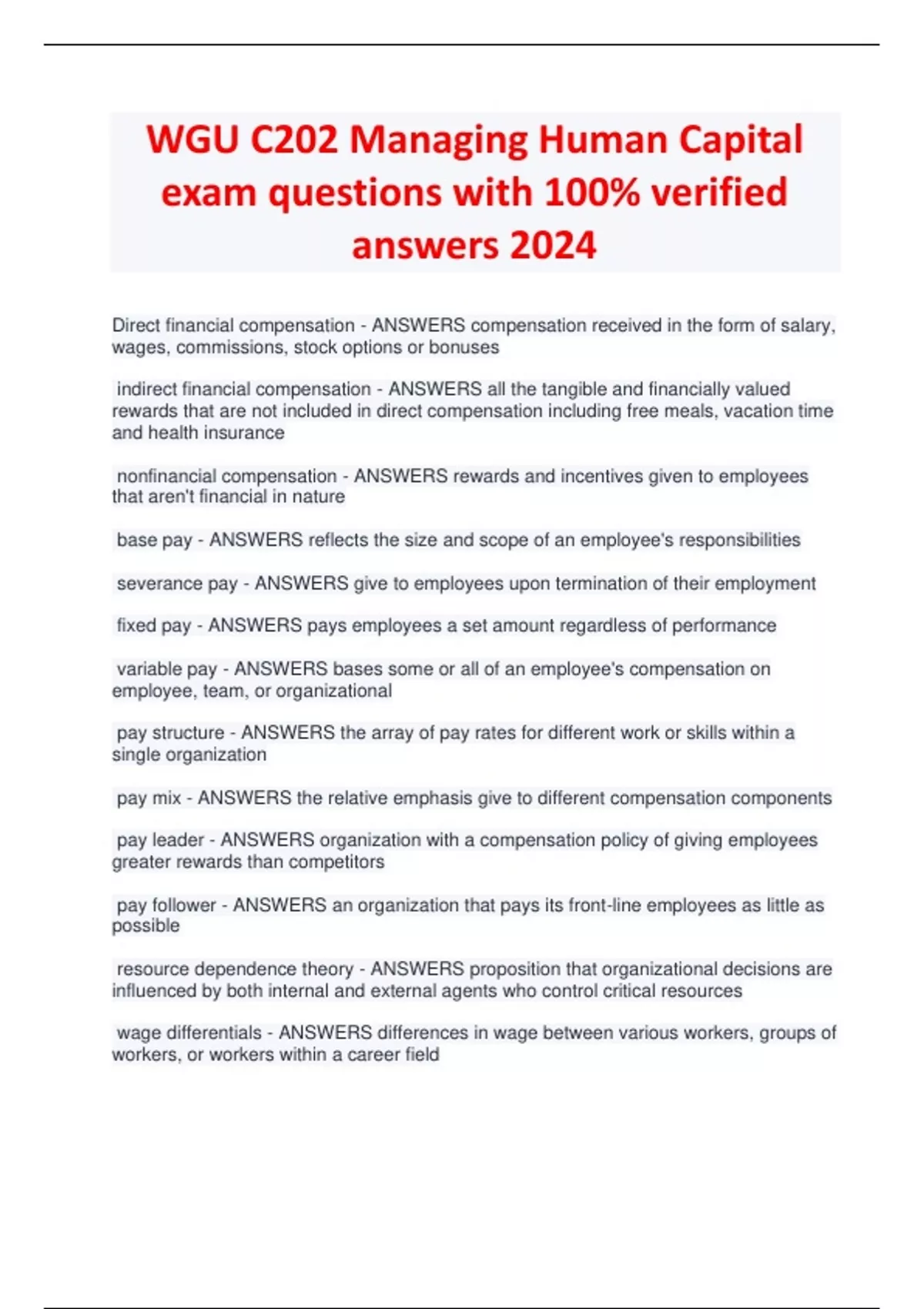 WGU C202 Managing Human Capital Exam Questions With 100% Verified ...