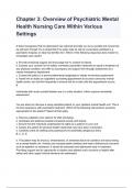 Chapter 3: Overview of Psychiatric Mental Health Nursing Care Within Various Settings Exam 2024/2025 Questions With Verified Solutions.