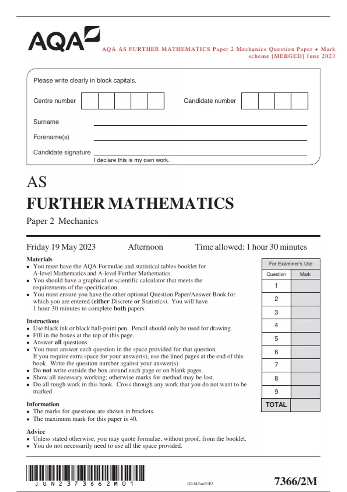 AQA AS FURTHER MATHEMATICS Paper 2 Mechanics Question Paper + Mark ...