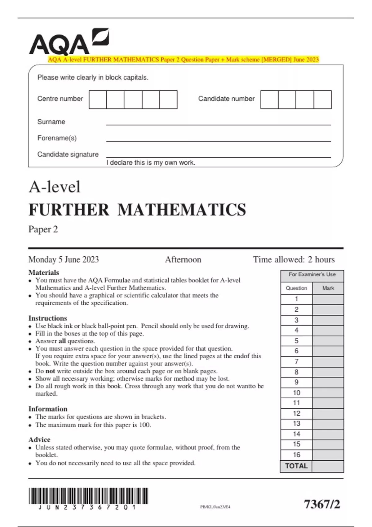 AQA A-level FURTHER MATHEMATICS Paper 2 Question Paper + Mark scheme ...