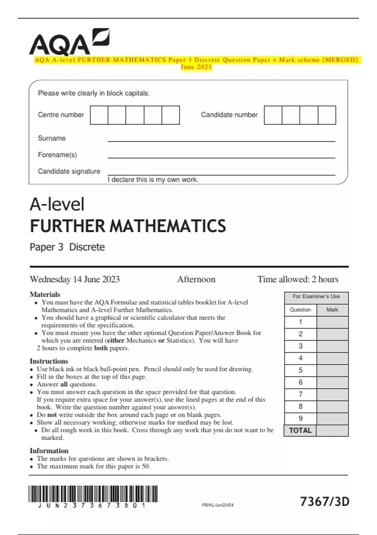 AQA A-level FURTHER MATHEMATICS Paper 3 Discrete Question Paper + Mark ...