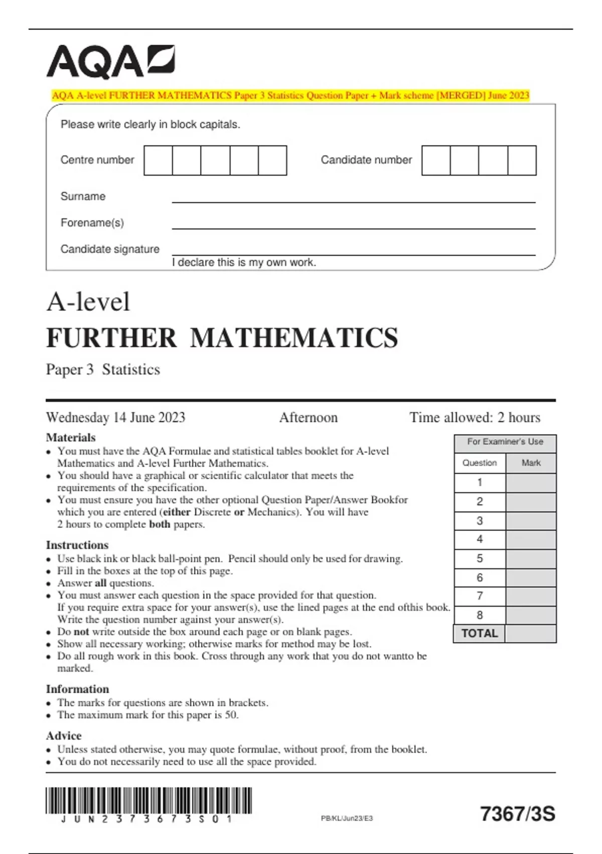 AQA A-level FURTHER MATHEMATICS Paper 3 Statistics Question Paper ...