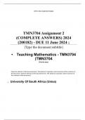 Exam (elaborations) TMN3704 Assignment 2 (COMPLETE ANSWERS) 2024 (200182) - DUE 11 June 2024 ; •	Course •	Teaching Mathematics - TMN3704 (TMN3704) •	Institution •	University Of South Africa (Unisa) •	Book •	Teaching and Learning Mathematics TMN3704 Assign