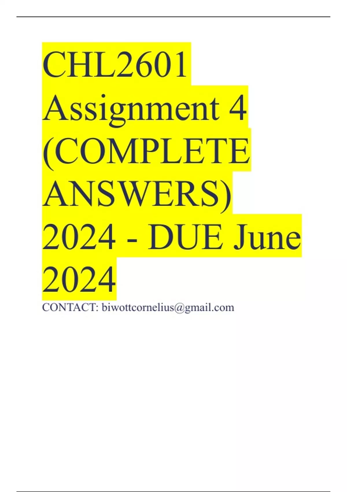 CHL2601 Assignment 4 (COMPLETE ANSWERS) 2024 - DUE June 2024 - CHL2601 ...