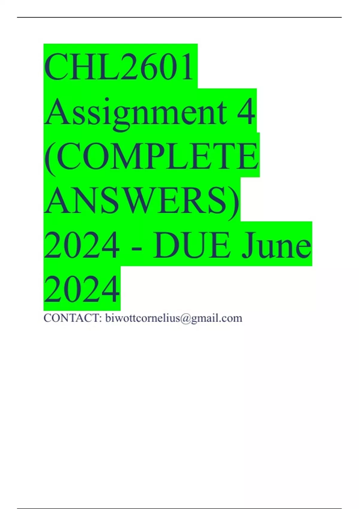 CHL2601 Assignment 4 (COMPLETE ANSWERS) 2024 - DUE June 2024 - CHL2601 ...