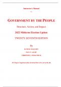 Instructor Manual With Test Bank for Government by the People 2022 Midterm Election Update 27th Edition By David Magleby, Paul Light, Christine Nemacheck (All Chapters, 100% Original Verified, A+ Grade)