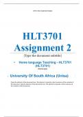 Exam (elaborations) HLT3701 Assignment 2 (COMPLETE ANSWERS) 2024 •	Course •	Home language Teaching - HLT3701 (HLT3701) •	Institution •	University Of South Africa (Unisa) •	Book •	Teaching English as a first additional language HLT3701 Assignment 2 (COMPLE