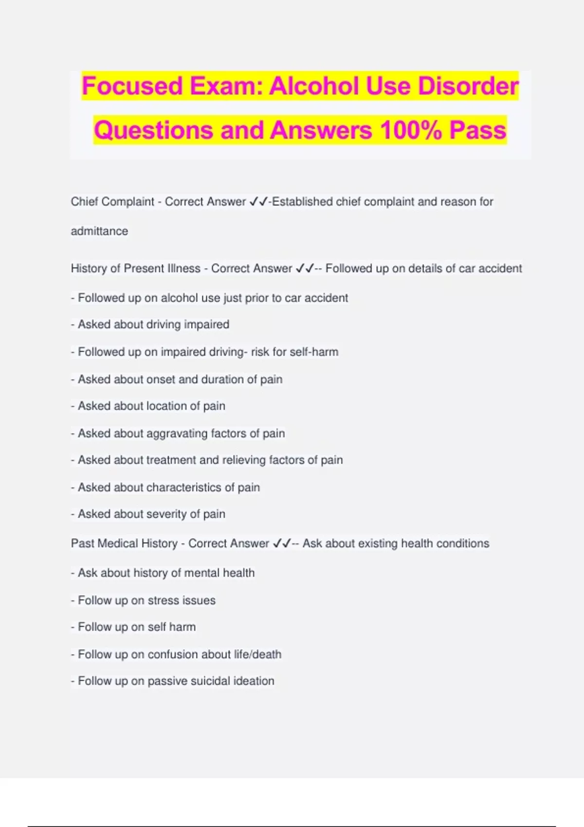 Focused Exam: Alcohol Use Disorder Questions and Answers 100% Pass ...