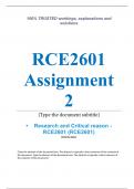 Exam (elaborations) RCE2601 Assignment 2 (COMPLETE ANSWERS) 2024 (767038) - DUE 7 August 2024 •	Course •	Research and Critical reason - RCE2601 (RCE2601) •	Institution •	University Of South Africa (Unisa) •	Book •	Educational Research RCE2601 Assignment 2