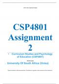 Exam (elaborations) CSP4801 Assignment 2 (COMPLETE ANSWERS) 2024 (759507) - DUE 21 June 2024 •	Course •	Curriculum Studies and Psychology of Education (CSP4801) •	Institution •	University Of South Africa (Unisa) •	Book •	New Directions in Curriculum Studi