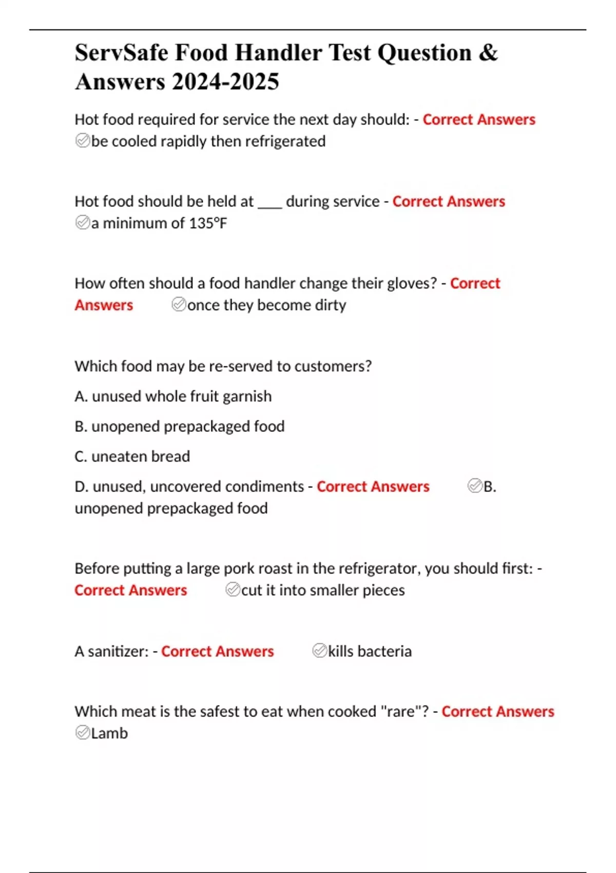 ServSafe Food Handler Test Question & Answers ServSafe Food Handler