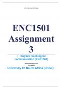 Exam (elaborations) ENC1501 Assignment 3 (COMPLETE ANSWERS) 2024 •	Course •	English teaching for communication (ENC1501) •	Institution •	University Of South Africa (Unisa) •	Book •	English in the Digital Age ENC1501 Assignment 3 (COMPLETE ANSWERS) 2024 ;1