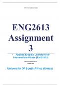 Exam (elaborations) ENG2613 Assignment 3 (COMPLETE ANSWERS) 2024 (300218) - DUE 5 August 2024 •	Course •	Applied English Literature for Intermediate Phase (ENG2613) •	Institution •	University Of South Africa (Unisa) •	Book •	Teaching English as a first ad