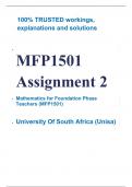 Exam (elaborations) MFP1501 Assignment 2 (COMPLETE ANSWERS) 2024 - 18 June 2024 •	Course •	Mathematics for Foundation Phase Teachers (MFP1501) •	Institution •	University Of South Africa (Unisa) •	Book •	Teaching Mathematics MFP1501 Assignment 2 (COMPLETE 