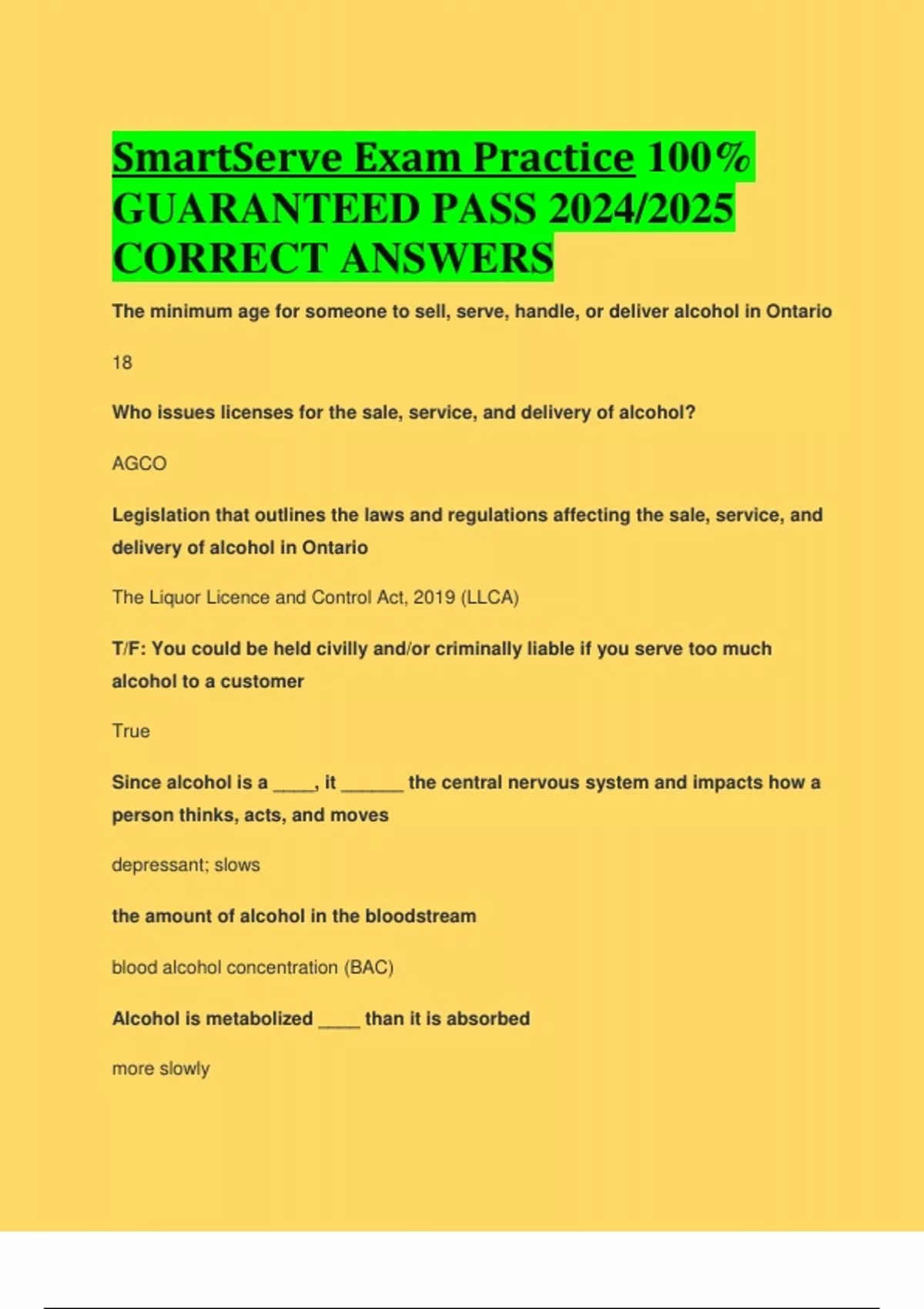 SmartServe Exam Practice 100 GUARANTEED PASS 2024/2025 CORRECT ANSWERS