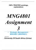 Exam (elaborations) MNG4801 Assignment 3 (COMPLETE ANSWERS) 2024 (277337) - DUE 4 October 2024 •	Course •	Strategic Management - MNG4801 (MNG4801) •	Institution •	University Of South Africa (Unisa) •	Book •	Strategic Management MNG4801 Assignment 3 (COMPL