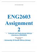 Exam (elaborations) ENG2603 Assignment 2 (COMPLETE ANSWERS) 2024 (794052) - 12 July 2024 •	Course •	Colonial and Postcolonial African Literatures (ENG2603) •	Institution •	University Of South Africa (Unisa) •	Book •	The Post-colonial Condition of African 