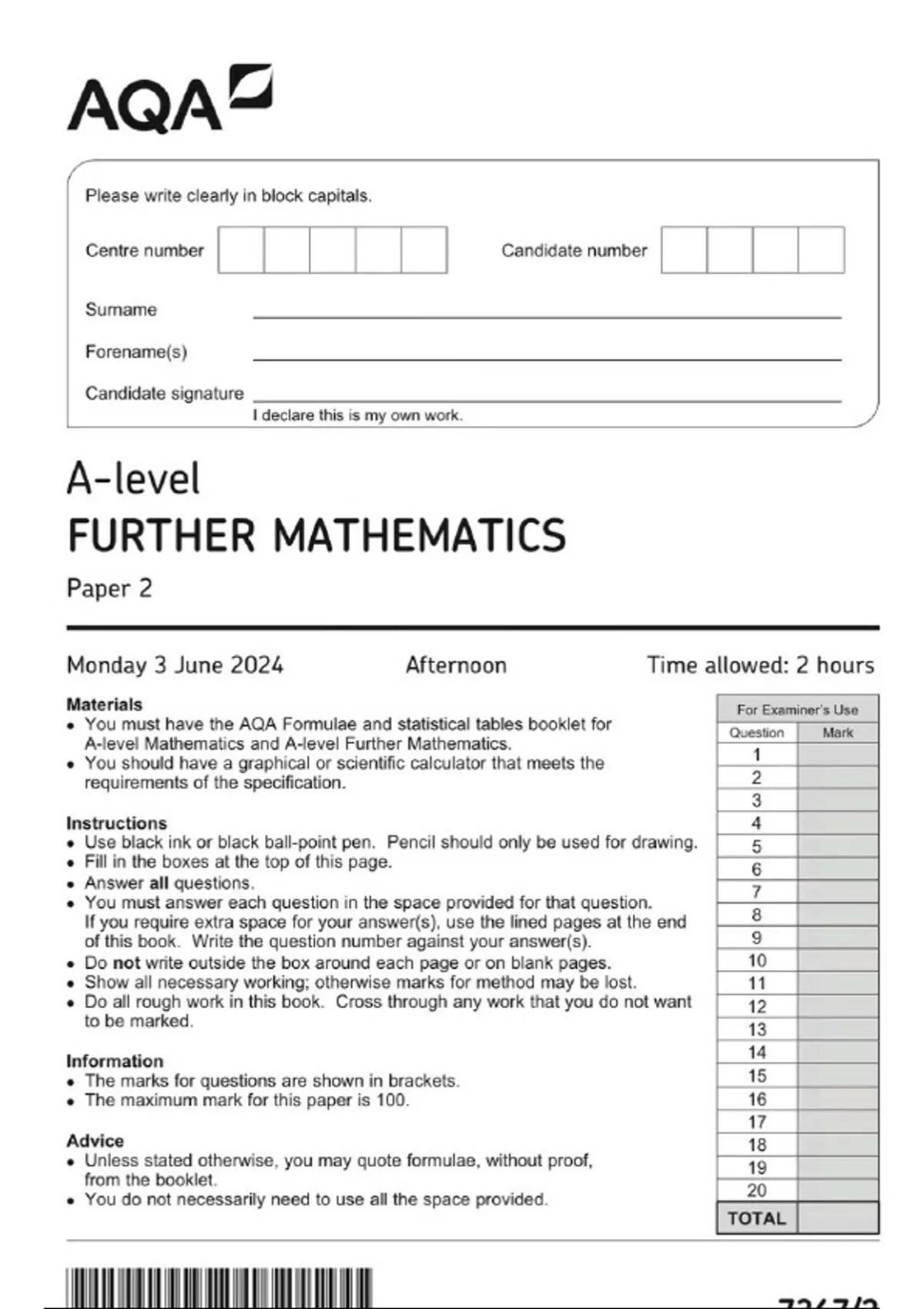 AQA A LEVEL FURTHER MATHS 2024 PAPER 2 QP AND MARKSCHEME [VERIFIED ...