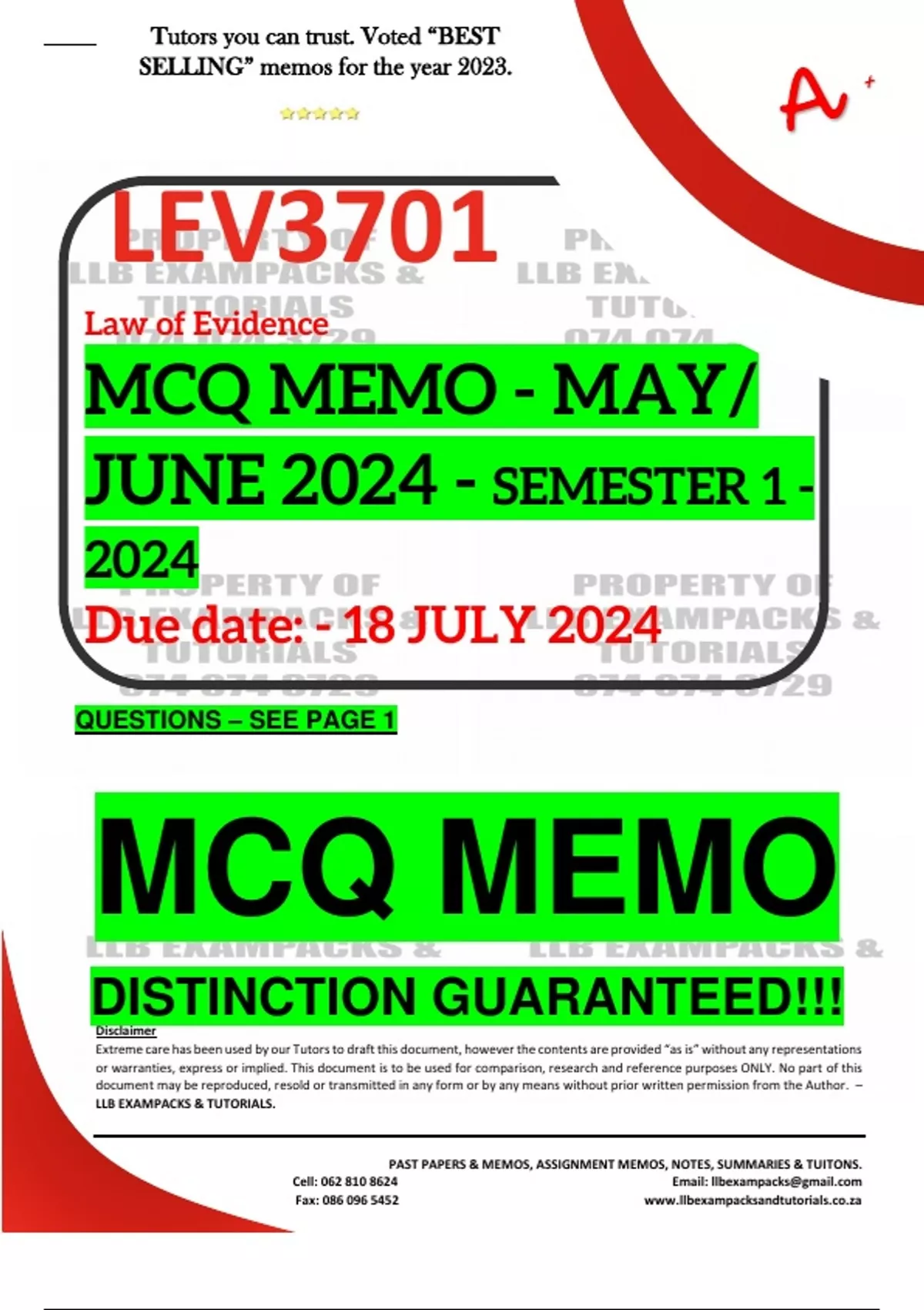 LEV3701 MCQ MEMO - MAY/JUNE 2024 - SEMESTER 1 - UNISA - DUE 18 JULY ...