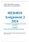 Exam (elaborations) HED4810 Assignment 2 (COMPLETE ANSWERS) 2024 (871044) •	Course •	Putting Inclusive Education into context (HED4810) •	Institution •	University Of South Africa (Unisa) •	Book •	Inclusive Education HED4810 Assignment 2 (COMPLETE ANSWERS)