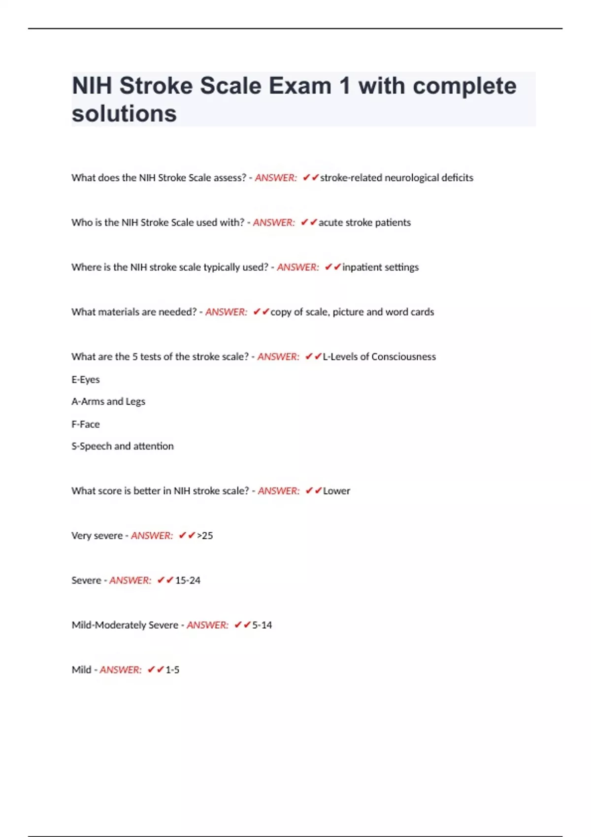 NIH Stroke Scale Exam 1 with complete solutions - NIH stroke scale ...