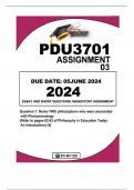 PDU3701 ASSIGNMENT 03  DUE DATE: 05 JULY 2024 Essay and short questions: Mandatory assignment Question 1: Name TWO philosophers who were associated with Phenomenology (Refer to pages 62-63 of Philosophy in Education Today: An Introduction) (4) 