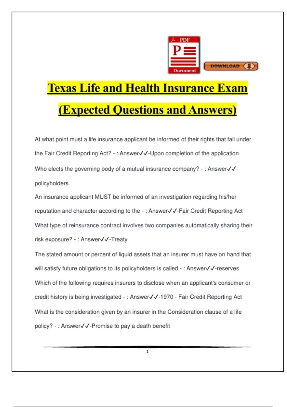 Texas Life and Health Insurance Exam (Expected Questions and Answers ...