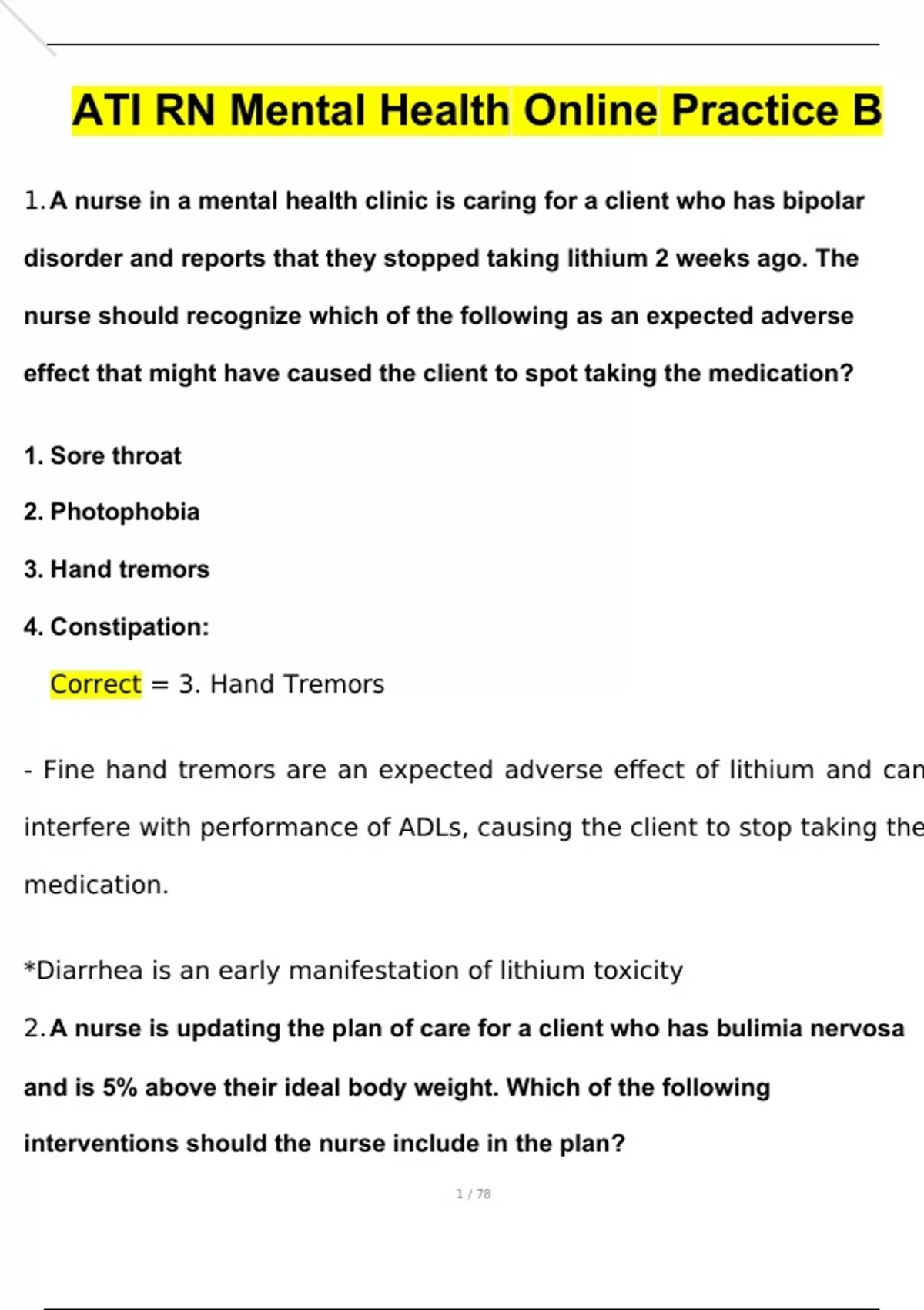 ATI RN Mental Health Online Practice B Questions And Answers (2024 / ...