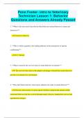 Penn Foster- intro to Veterinary Technician Lesson 1: Behavior  Questions and Answers Already Passed