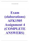 Exam (elaborations) AFK1505 Assignment 4 (COMPLETE ANSWERS) 2024 (891333) - DUE 4 July 2024 •	Course •	Afrikaans vir beginners (AFK1505) •	Institution •	University Of South Africa •	Book •	Learn Afrikaans Lesson Pack: Your First 350+ Words & Phrases - Beg