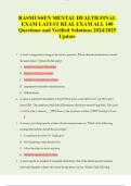 RASMUSSEN MENTAL HEALTH FINAL EXAM LATEST REAL EXAM ALL 100 Questions and Verified Solutions 2024/2025 Update