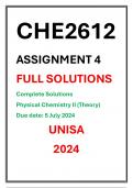 CHE2612 Assignment 4 Complete Solutions UNISA 2024 PHYSICAL CHEMISTRY DUE DATE 5 JULY 2024