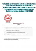 WALDEN UNIVERSITY NRNP 6645/NRNP6645 PSYCHOTHERAPY WITH MULTIPLE MODALITIES MIDTERM EXAM 2 DIFFERENT VERSIONS | 200 Questions and Verified Solutions Latest Update | 2024/2025