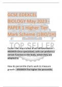 GCSE EDEXCEL  BIOLOGY May 2023 - PAPER 1 Higher Tier  Mark Scheme (1BI0/1H)