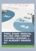 FINAL EXAM: MEDICAL BILLING AND CODING (COVERS LESSONS 1-18) ALREADY GRADED A+