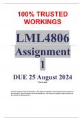 LML4806 Assignment 1 (COMPLETE ANSWERS) Semester 2 2024 (818236) - DUE 25 August 2024 ; 100% TRUSTED solutions and explanations. 