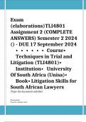 Exam (elaborations)TLI4801 Assignment 2 (COMPLETE ANSWERS) Semester 2 2024 () - DUE 17 September 2024	•	•	•	•	•	•	Course•	Techniques in Trial and Litigation (TLI4801)•	Institution•	University Of South Africa (Unisa)•	Book•	Litigation Skills for South Afri