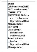 Exam (elaborations)RSK4801 Assignment 2 (COMPLETE ANSWERS) 2024•	•	•	•	•	•	Course•	Operational Risk Management - RSK4801 (RSK4801)•	Institution•	University Of South Africa•	Book•	Operational Risk Management