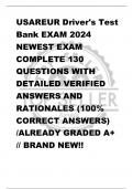 USAREUR Driver's Test  Bank EXAM 2024  NEWEST EXAM  COMPLETE 130  QUESTIONS WITH  DETAILED VERIFIED  ANSWERS AND  RATIONALES (100%  CORRECT ANSWERS)  /ALREADY GRADED A+  // BRAND NEW!!